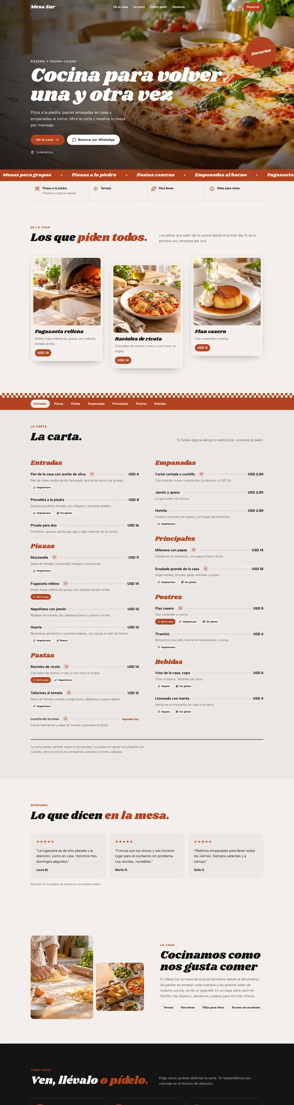 Página de ejemplo «Mesa» para restaurante, en formato computadora